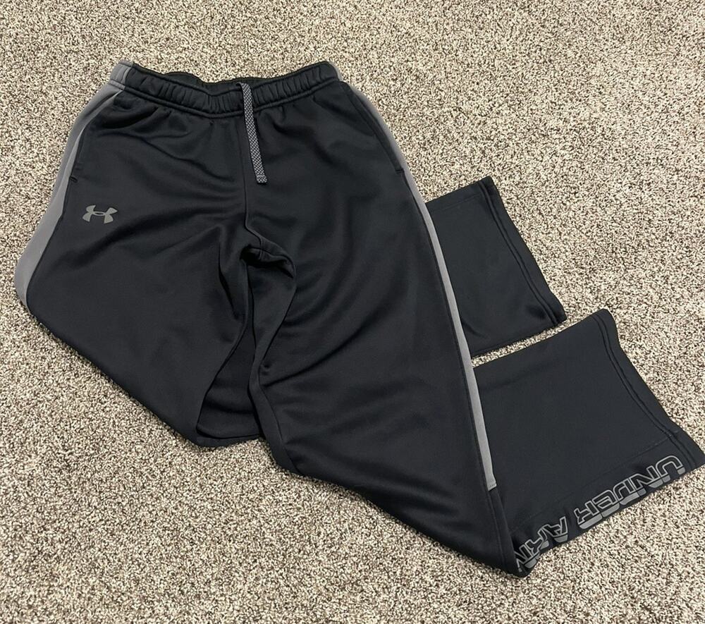 Under Armour Boys Youth L Black Gray Loose Fit Track Pants Spellout Athletic